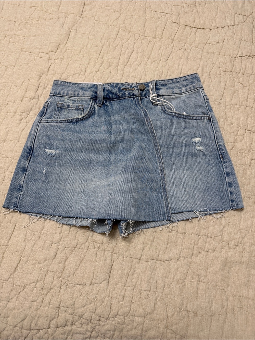 Light Blue Denim Skort with Frayed Hem